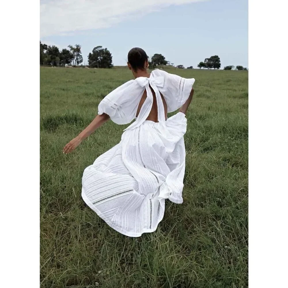 Joslin Anthropologie White Julianna Cotton Maxi Dress 4 Puff Sleeves Open Back - Picture 13 of 13